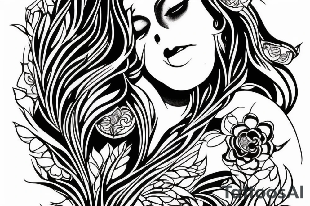 A large tattoo of a silhouetted woman holding an apple, many black and white flower petals, black and white line work, extremely detailed, pen and paper, intricate pen work tattoo idea