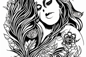 A  large tattoo of a silhouetted woman holding an apple, many black and white flower petals, black and white line work, extremely detailed, pen and paper, intricate pen work tattoo idea