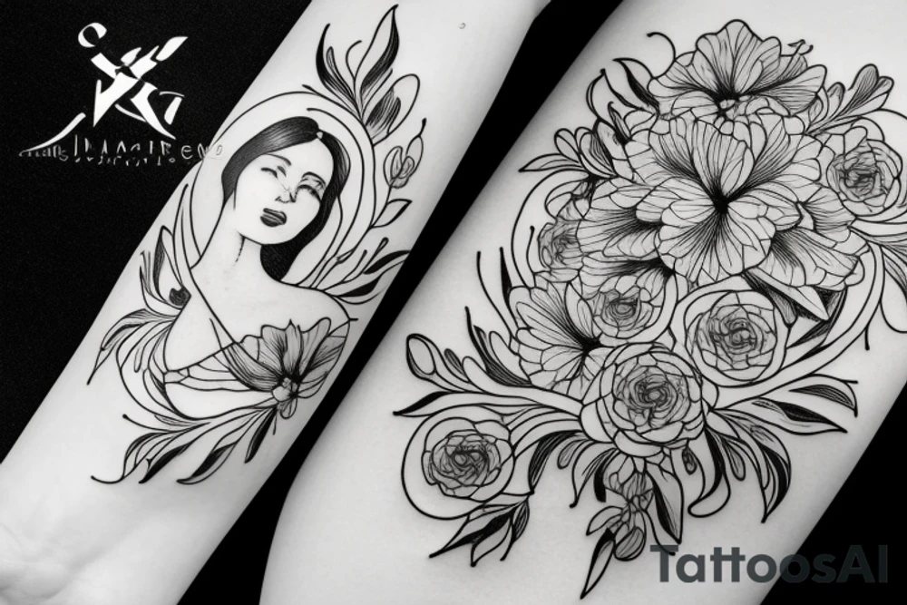 A  large tattoo of a silhouetted woman holding an apple, many black and white flower petals, black and white line work, extremely detailed, pen and paper, intricate pen work tattoo idea