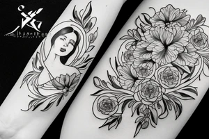 A  large tattoo of a silhouetted woman holding an apple, many black and white flower petals, black and white line work, extremely detailed, pen and paper, intricate pen work tattoo idea