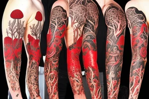 A black and red, full sleeve psychedelic tattoo depicting tree Mimosa Hostilis, mushrooms Psilocybe Semilanceata and Amanita Muscaria, a frog Phyllomedusa bicolor and fairies playing between them tattoo idea