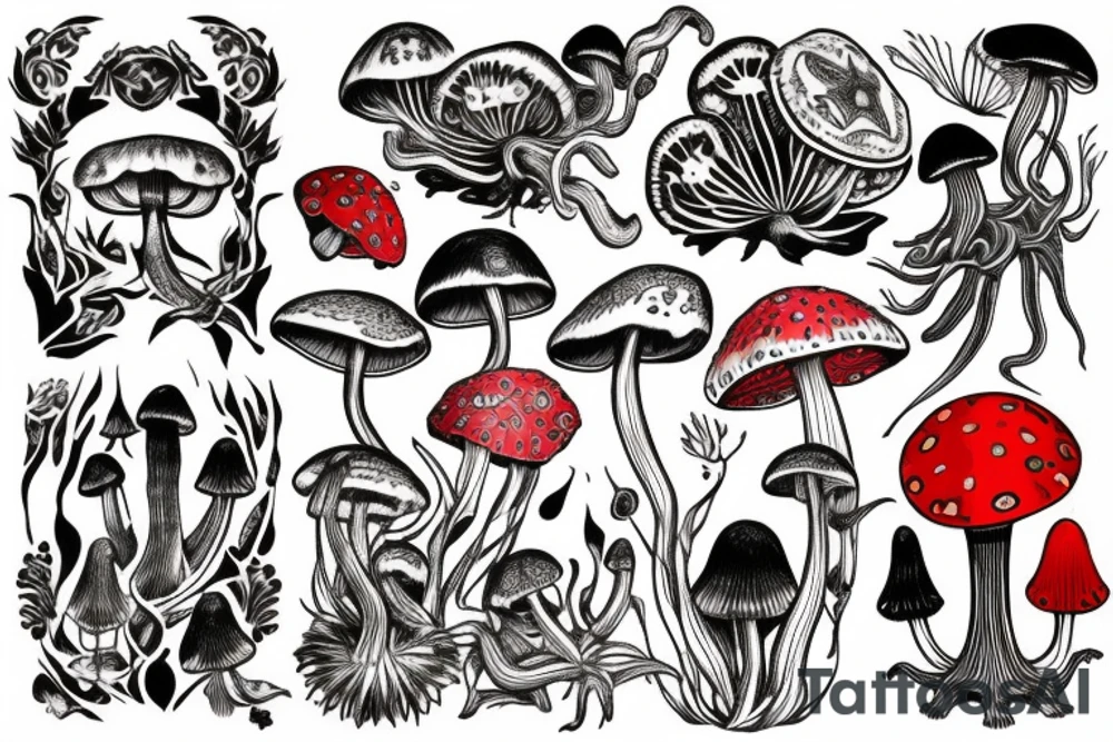 A black and red, full sleeve psychedelic tattoo depicting tree Mimosa Hostilis, mushrooms Psilocybe Semilanceata and Amanita Muscaria, a frog Phyllomedusa bicolor and fairies playing between them tattoo idea