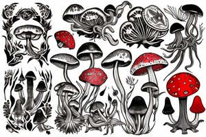 A black and red, full sleeve psychedelic tattoo depicting tree Mimosa Hostilis, mushrooms Psilocybe Semilanceata and Amanita Muscaria, a frog Phyllomedusa bicolor and fairies playing between them tattoo idea