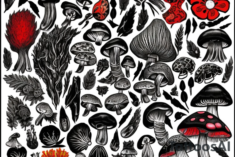 A black and red, full sleeve psychedelic tattoo depicting tree Mimosa Hostilis, mushrooms Psilocybe Semilanceata and Amanita Muscaria, a frog Phyllomedusa bicolor and fairies playing between them tattoo idea