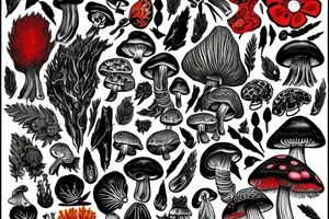 A black and red, full sleeve psychedelic tattoo depicting tree Mimosa Hostilis, mushrooms Psilocybe Semilanceata and Amanita Muscaria, a frog Phyllomedusa bicolor and fairies playing between them tattoo idea