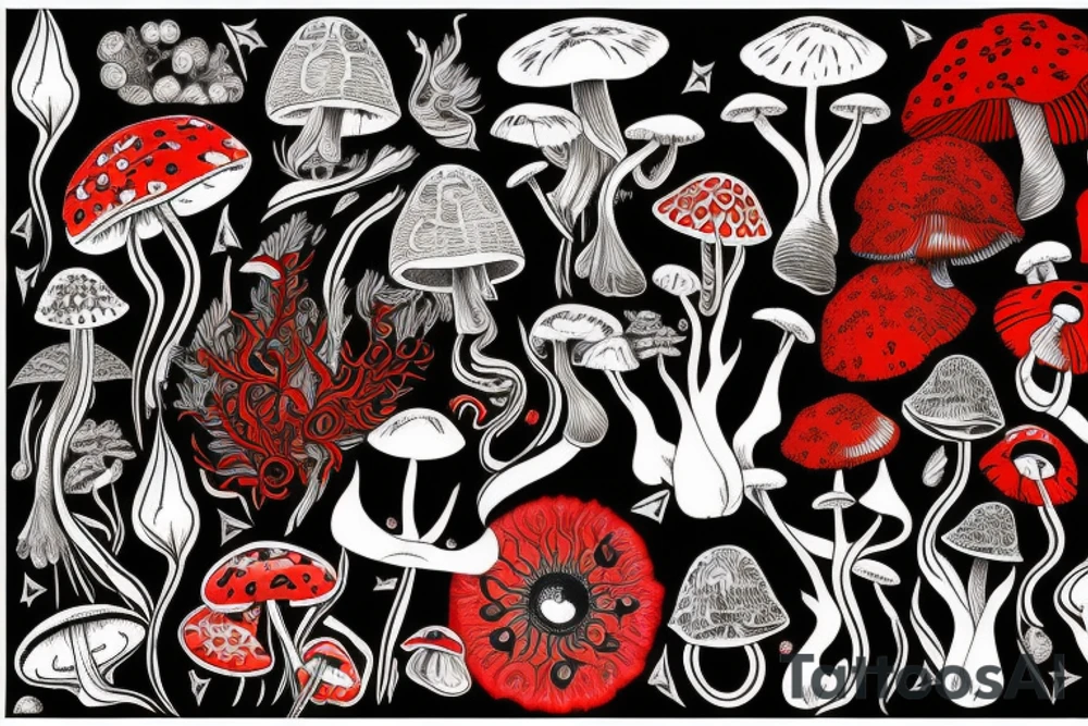 A black and red, full sleeve psychedelic tattoo depicting tree Mimosa Hostilis, mushrooms Psilocybe Semilanceata and Amanita Muscaria, a frog Phyllomedusa bicolor and fairies playing between them tattoo idea