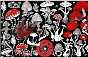 A black and red, full sleeve psychedelic tattoo depicting tree Mimosa Hostilis, mushrooms Psilocybe Semilanceata and Amanita Muscaria, a frog Phyllomedusa bicolor and fairies playing between them tattoo idea