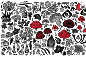 A black and red, full sleeve psychedelic tattoo depicting tree, Liberty caps, fly agarics, a mambo frog, dmt molecules and fairies playing between them tattoo idea