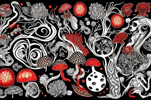 A black and red, full sleeve psychedelic tattoo depicting tree, Liberty caps, fly agarics, a mambo frog, dmt molecules and fairies playing between them tattoo idea