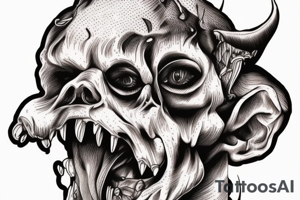 a dog who looks like the devil and eats a human brain tattoo idea