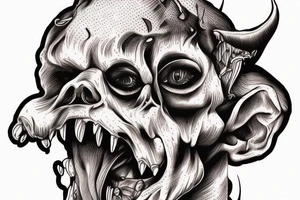 a dog who looks like the devil and eats a human brain tattoo idea