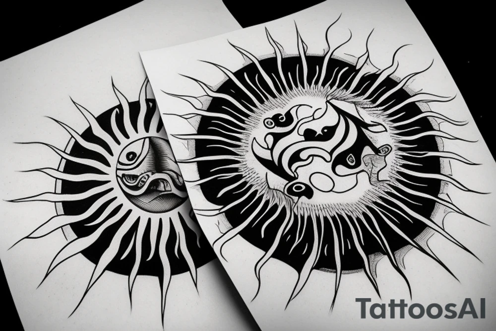 Ying and yang to the quote "the sun still rises after the darkest of nights" with country landscape tattoo idea