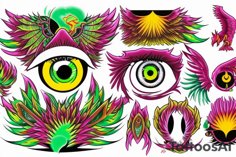 Phoenix, with a par of eyes, behind that Phoenix, with one green pupil and one magenta tattoo idea