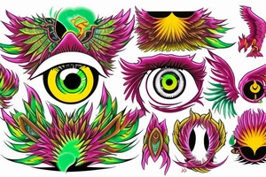 Phoenix, with a par of eyes, behind that Phoenix, with one green pupil and one magenta tattoo idea
