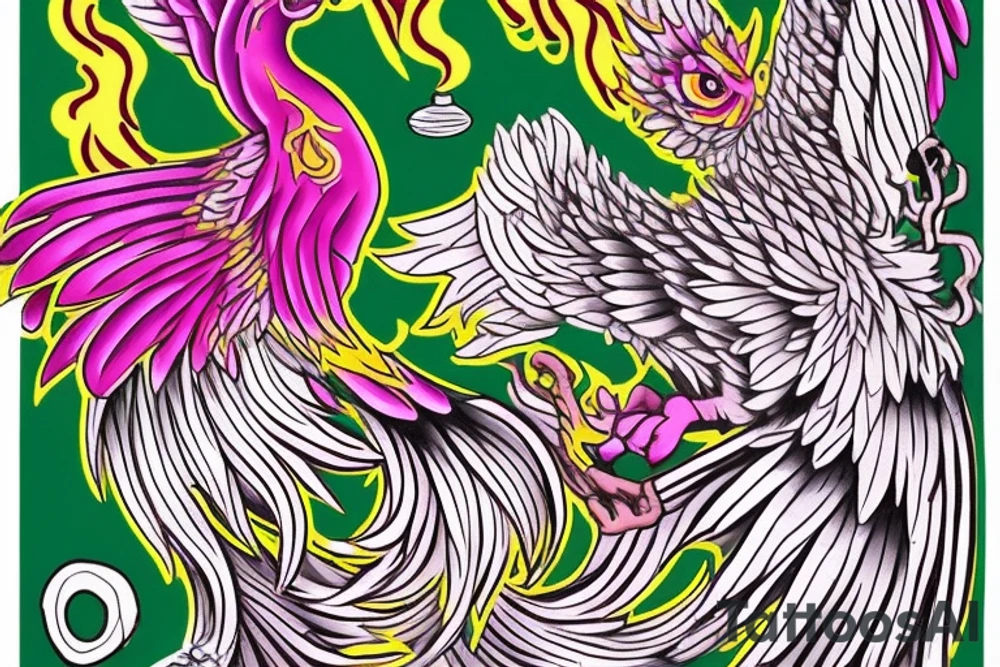 Phoenix, with a par of eyes, behind that Phoenix, with one green pupil and one magenta tattoo idea