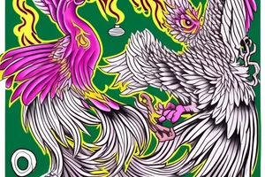 Phoenix, with a par of eyes, behind that Phoenix, with one green pupil and one magenta tattoo idea