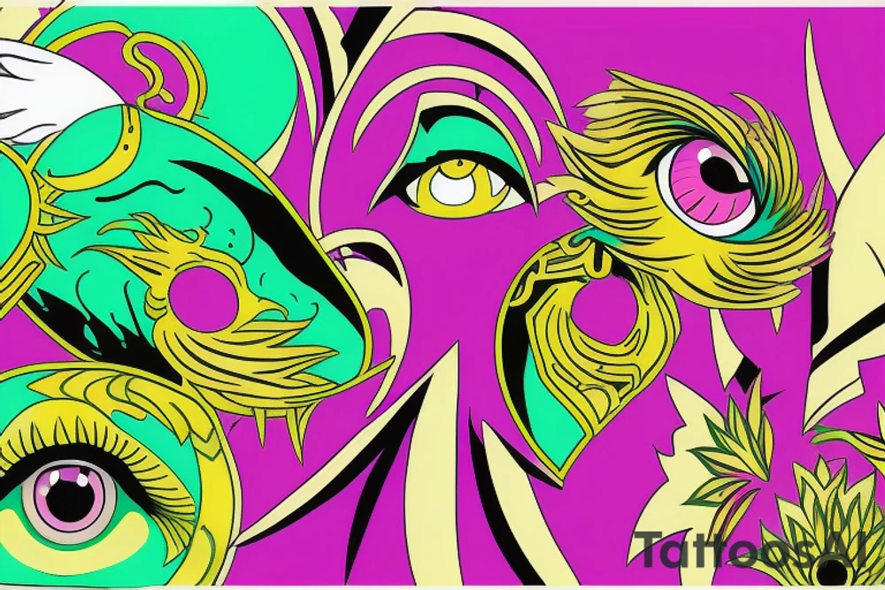 Phoenix, with a par of eyes, behind that Phoenix, with one green pupil and one magenta tattoo idea