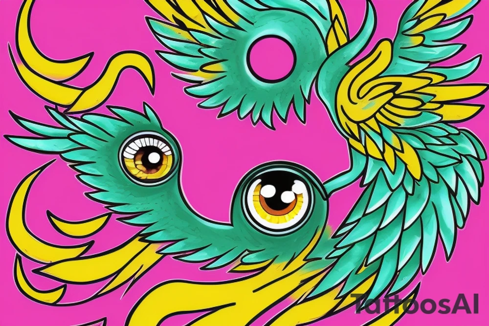 Phoenix, with a par of eyes, behind that Phoenix, with one green pupil and one magenta tattoo idea