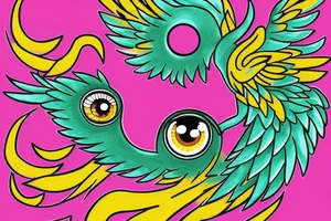 Phoenix, with a par of eyes, behind that Phoenix, with one green pupil and one magenta tattoo idea