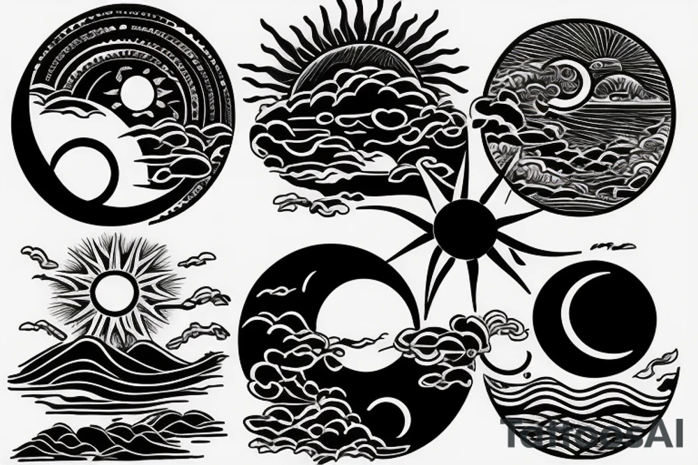 Ying and yang sun chasing the moon with country landscape tattoo idea