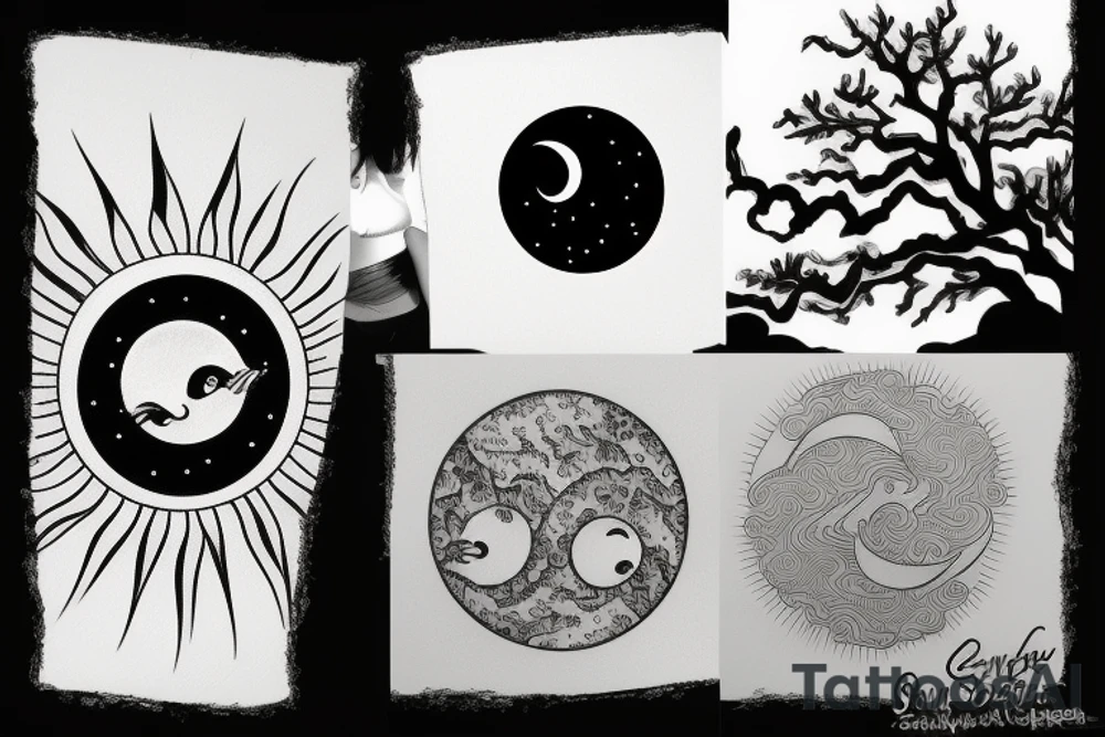 Ying and yang sun chasing the moon with country landscape tattoo idea