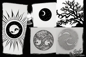 Ying and yang sun chasing the moon with country landscape tattoo idea