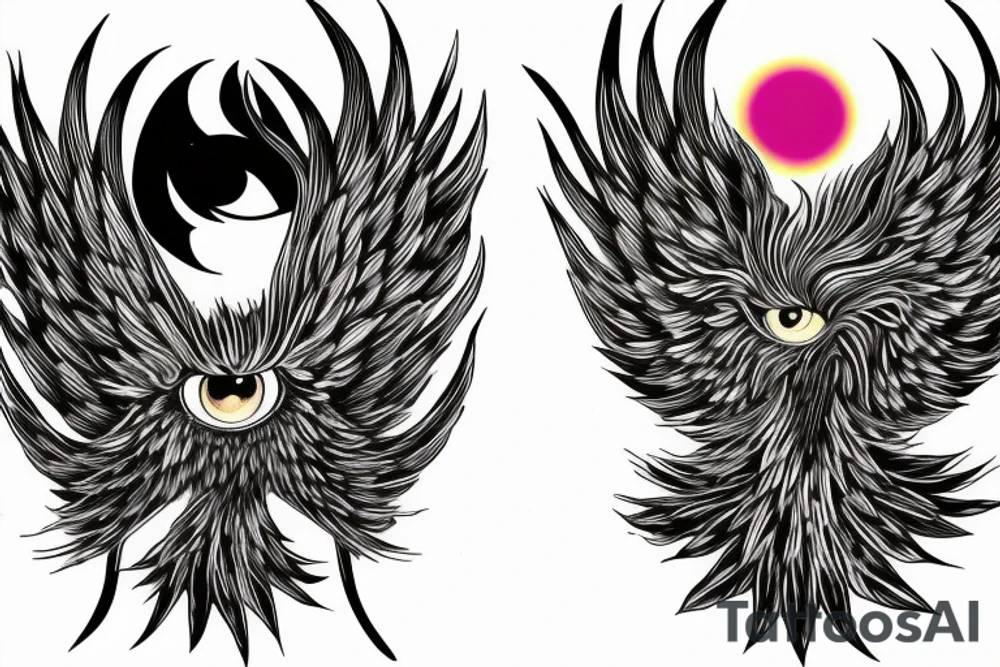 Phoenix, with a par of eyes behind that Phoenix, with one green pupil and one magenta tattoo idea