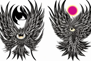 Phoenix, with a par of eyes behind that Phoenix, with one green pupil and one magenta tattoo idea