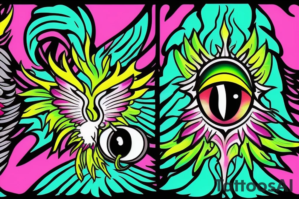 Phoenix, with a par of eyes behind that Phoenix, with one green pupil and one magenta tattoo idea