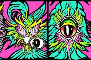Phoenix, with a par of eyes behind that Phoenix, with one green pupil and one magenta tattoo idea