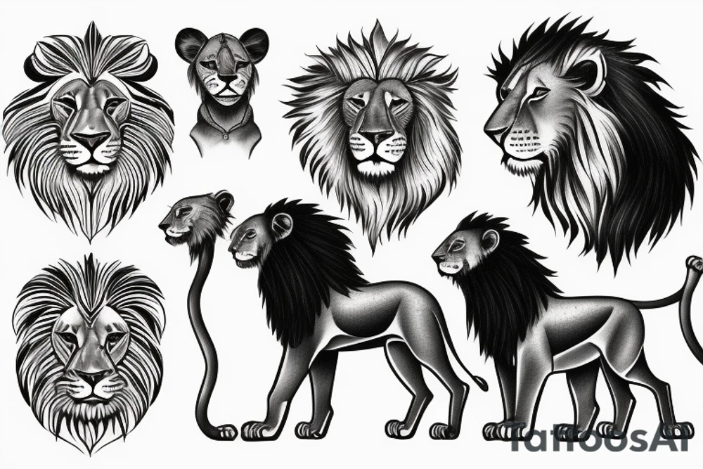 A family pack of 5 lions and 1 cub tattoo idea