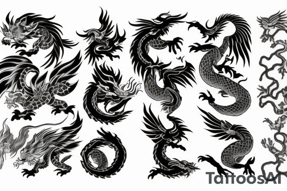 Chinese mythical best's: Phoenix, Azure dragon, Earth Turrtle and a White Tiger creating a cycle tattoo idea