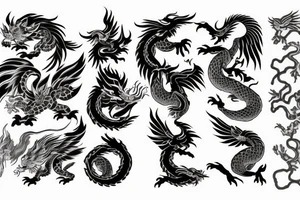 Chinese mythical best's: Phoenix, Azure dragon, Earth Turrtle and a White Tiger creating a cycle tattoo idea