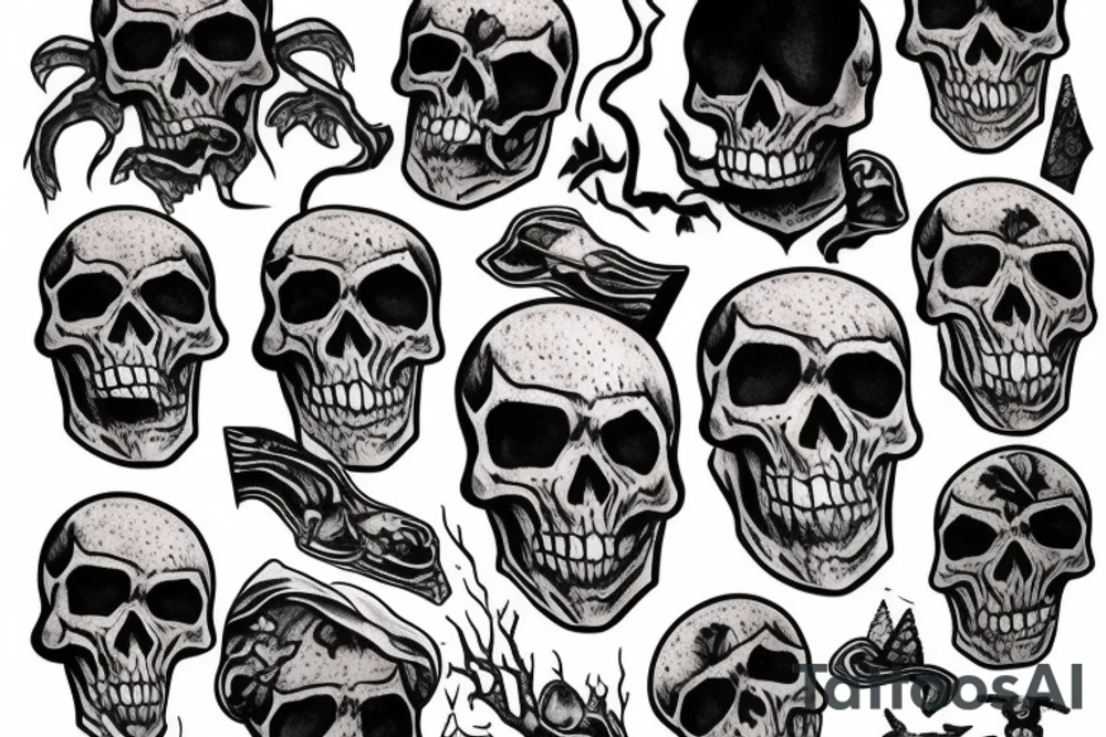 giant skeleton walking over a stormy mountain tattoo idea