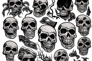 giant skeleton walking over a stormy mountain tattoo idea