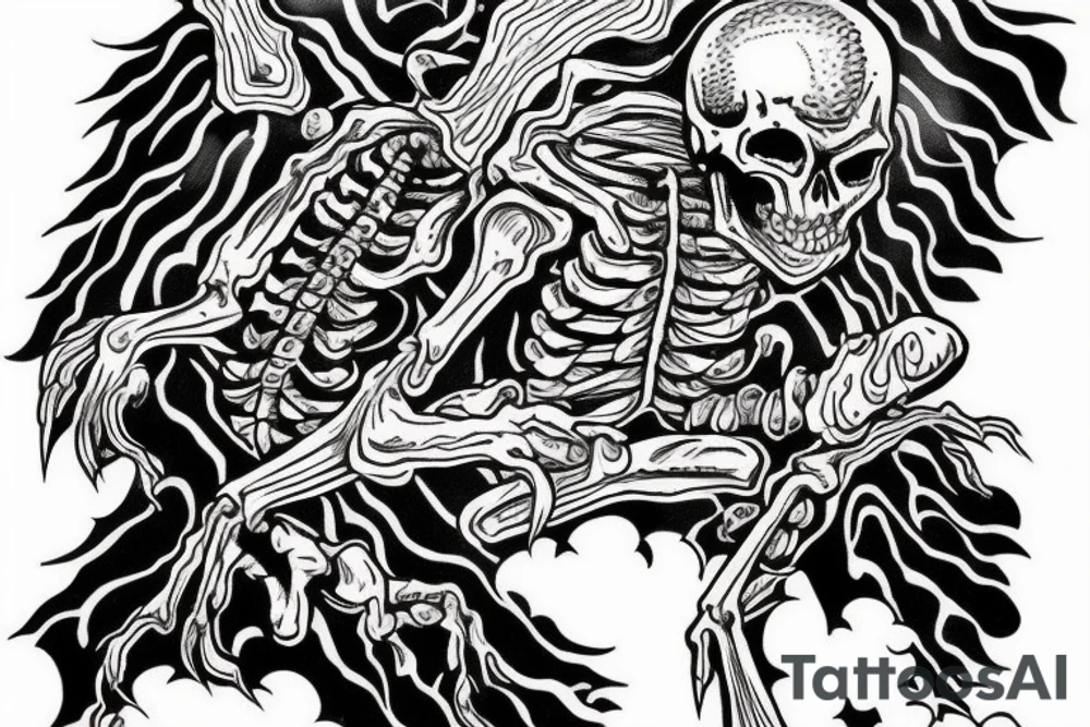 giant skeleton walking over a stormy mountain tattoo idea
