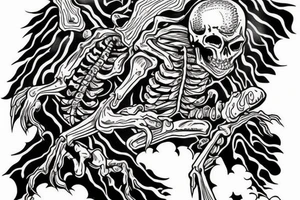 giant skeleton walking over a stormy mountain tattoo idea