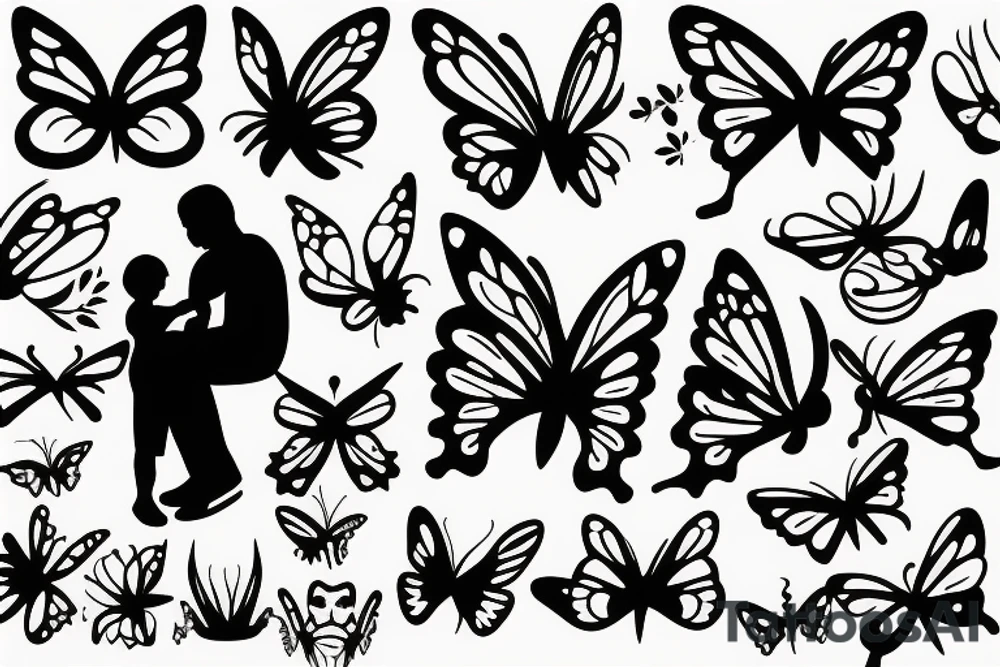 Father, daughter silhouette inside butterfly outline tattoo idea
