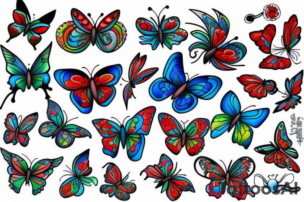 Whimsical bright blue, red, and green butterfly tattoo idea