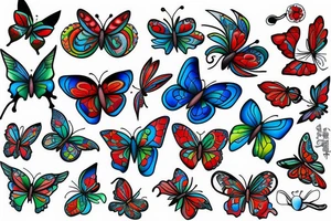 Whimsical bright blue, red, and green butterfly tattoo idea
