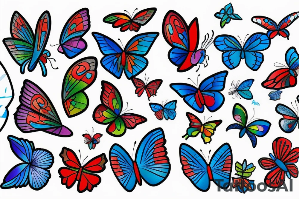 Whimsical bright blue, red, and green butterfly tattoo idea