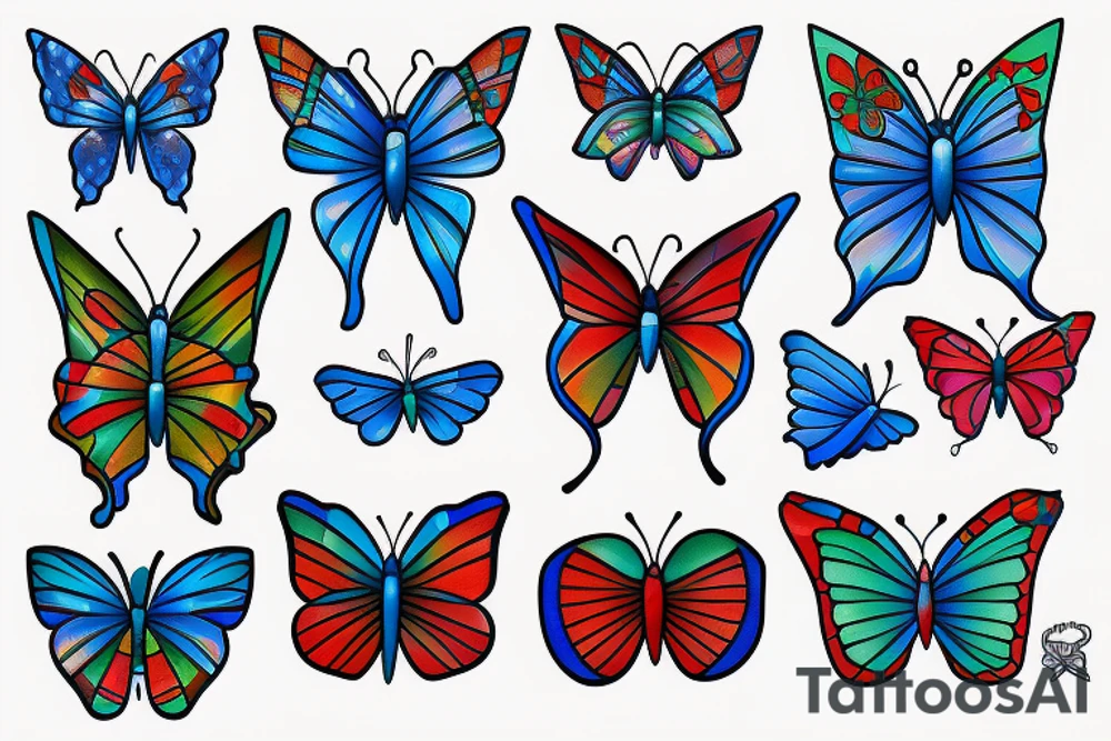 Whimsical bright blue, red, and green butterfly tattoo idea
