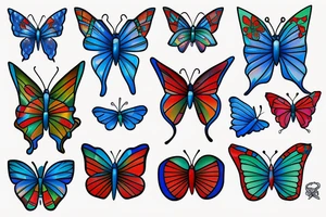 Whimsical bright blue, red, and green butterfly tattoo idea