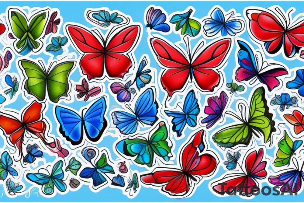 Whimsical bright blue, red, and green butterfly tattoo idea