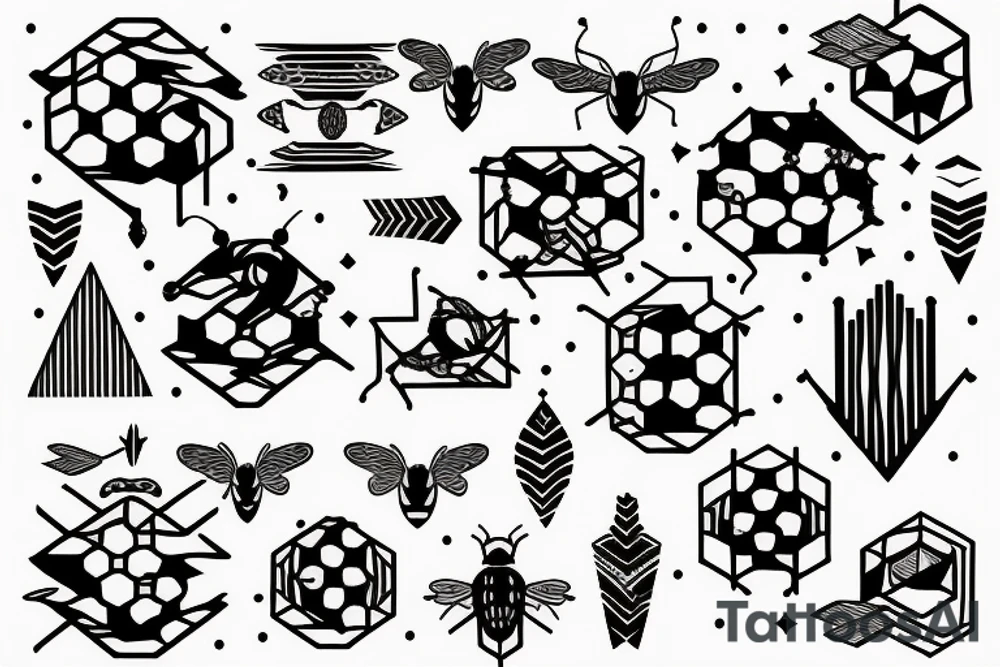Bee hive pattern for a half arm with different lines thickness, all that mixed with arrows and vortex lines tattoo idea