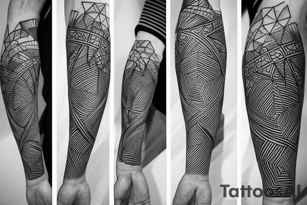 Bee hive pattern for a half arm with different lines thickness, all that mixed with arrows and vortex lines tattoo idea