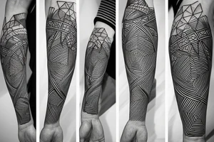 Bee hive pattern for a half arm with different lines thickness, all that mixed with arrows and vortex lines tattoo idea
