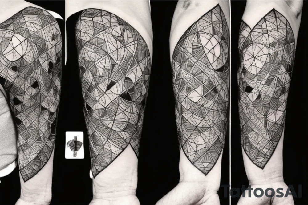 Bee hive pattern for a half arm with different lines thickness, all that mixed with arrows and vortex lines tattoo idea