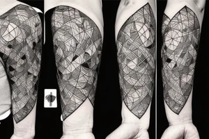 Bee hive pattern for a half arm with different lines thickness, all that mixed with arrows and vortex lines tattoo idea
