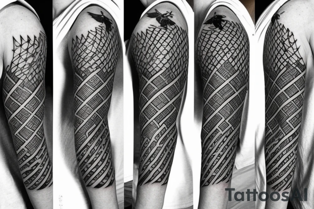 Bee hive pattern for a half arm with different lines thickness, all that mixed with arrows tattoo idea